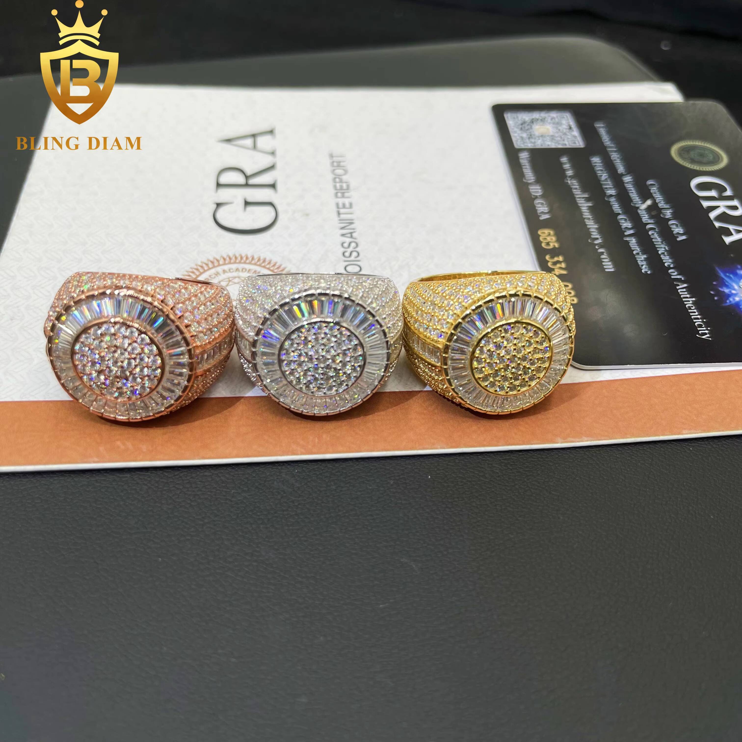 GRA Certificated Luxury Fine Jewelry Design Rapper Hip Hop 925 Silver Rings Iced Out VVS Moissanite Diamond Ring