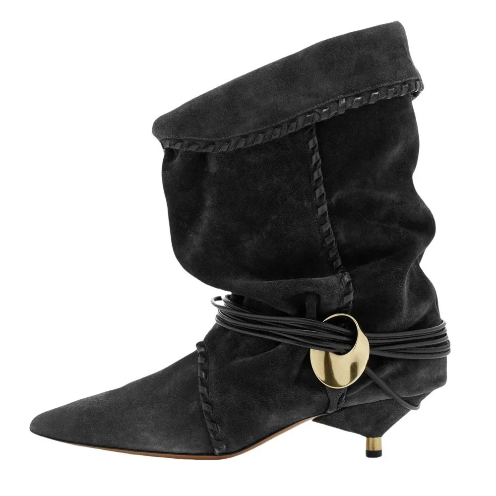 European and American Womens Pointed Pleated 5cm Thin Heel Fringed Calf Boots Knight Boots Plus Size Mid Length Boots 260420