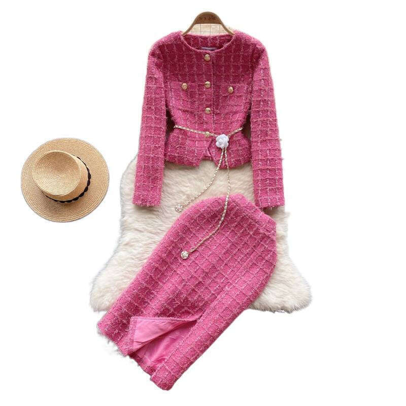 Designer Clothes Fashionable High End Light Luxury Set Women's Winter Woolen Casual Cardigan Jacket Exquisite Slit Mid Length Skirt Check Tweed T - view 7