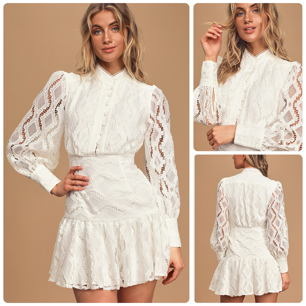 2026 Forest-style gentle white lace short dress with half-high collar lace lantern sleeves and sheer design 210730