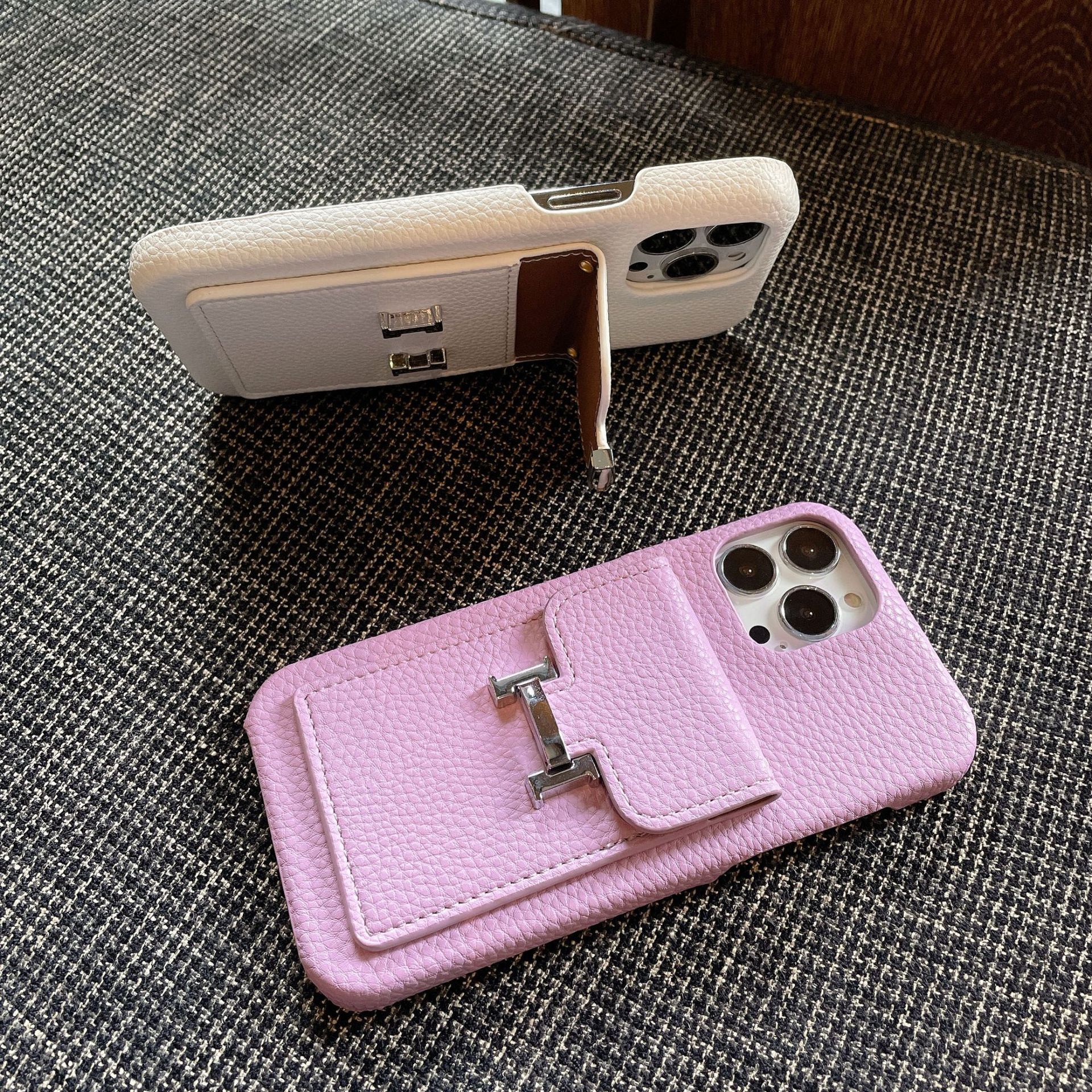 Compatible with Apple 17 Pro Max iPhone 16/15/11/X Lychee Pattern Card Holder Phone Case Letter