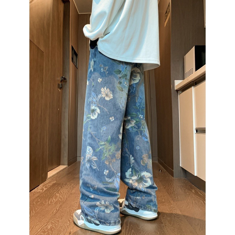 Spring And Summer Chinese Style New American Printed Jeans, Loose Men's Luxury Designer Fashion Versatile Brand, Loose Fit Casual Wide Leg Pants