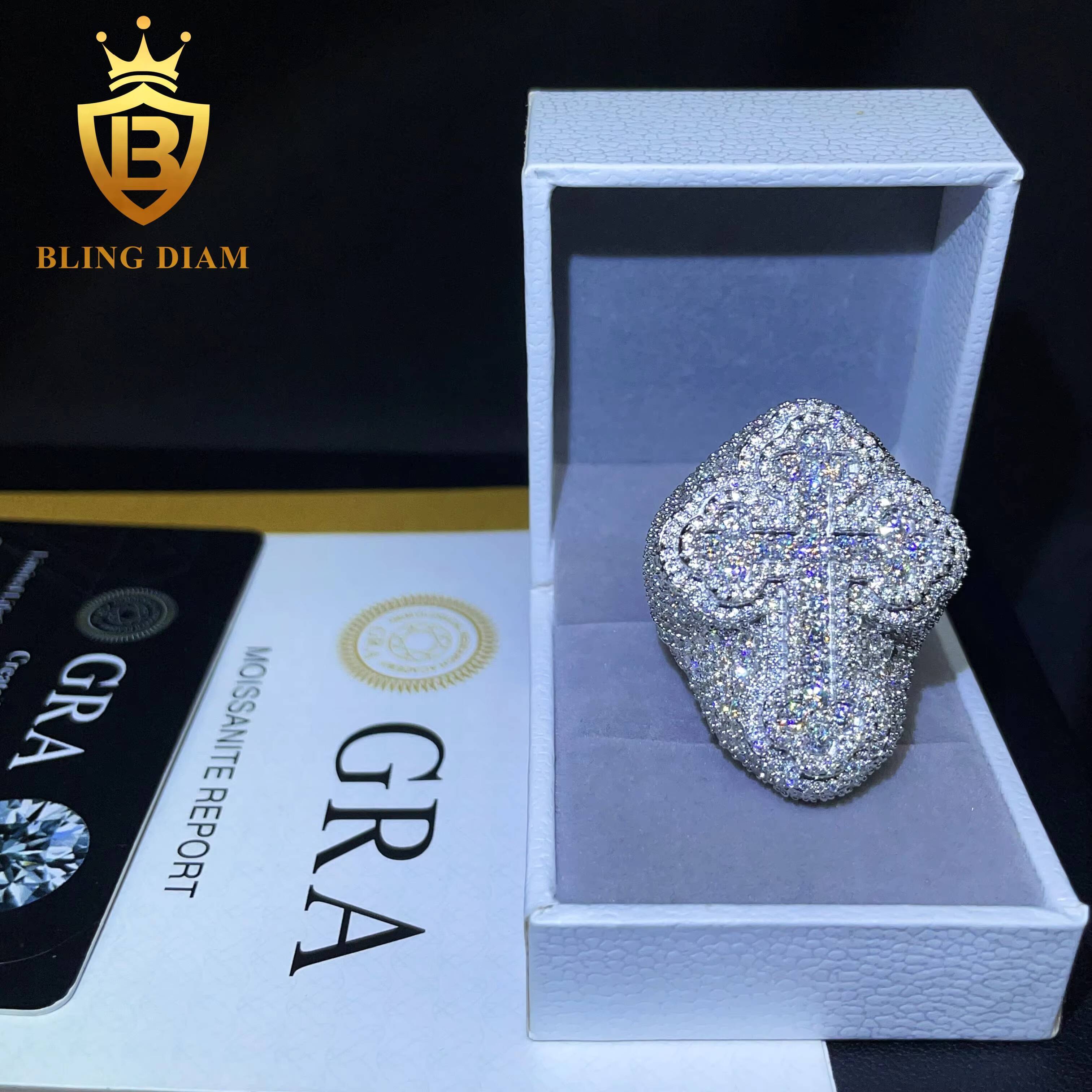 Fine Jewelry 925 Sterling Silver Gold Plated Iced Out VVS Diamond Cross Moissanite Hip Hop Ring for Men