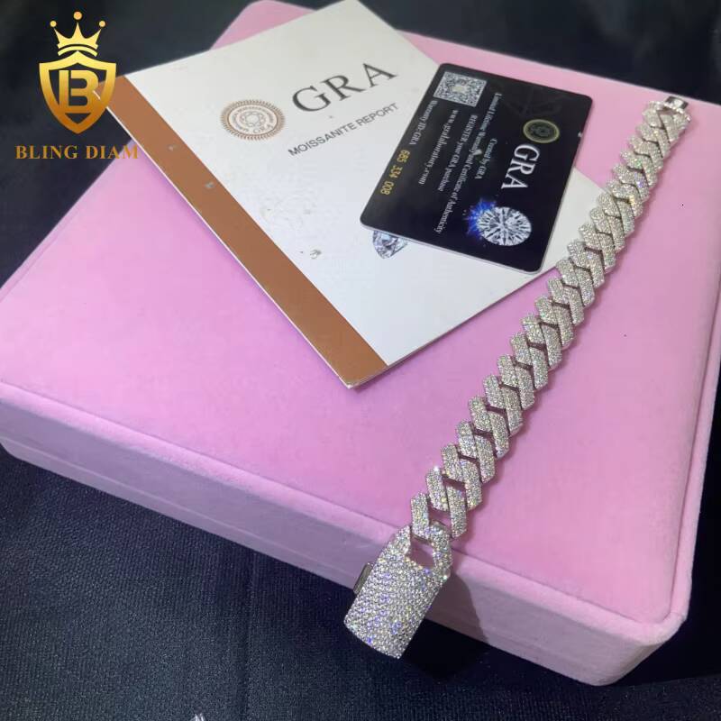 Hot Saling 14MM VVS1 Moissanite Cuban Chain HipHop Bracelet Pass Diamond Tester Iced Out Moissanite 925 Silver Cuban Chain