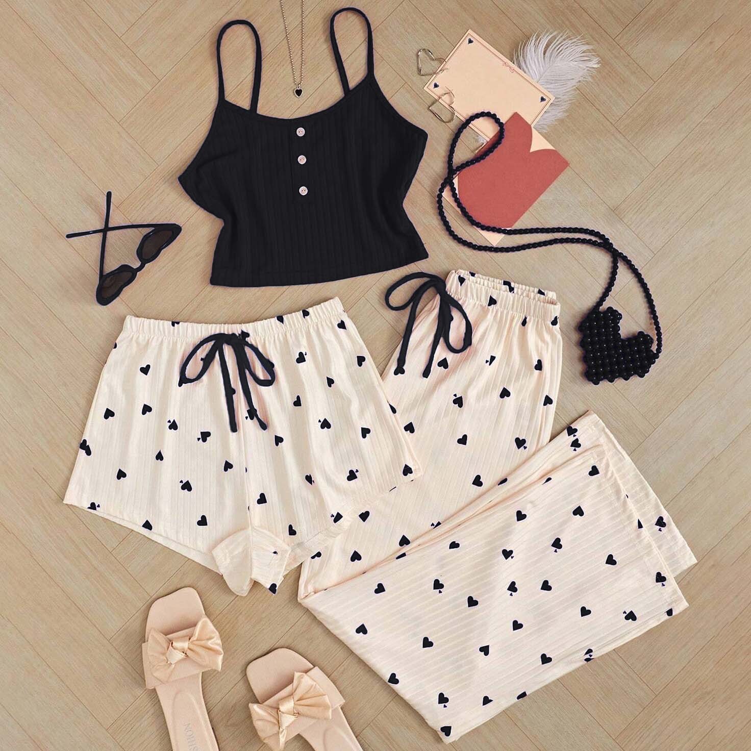 Luxury Brand Designer Women Spring Summer Heart Print Ribbed Button Cami Three Piece Set Loungewear Drawstring Comfortable Versatile Daily Chic Stylis