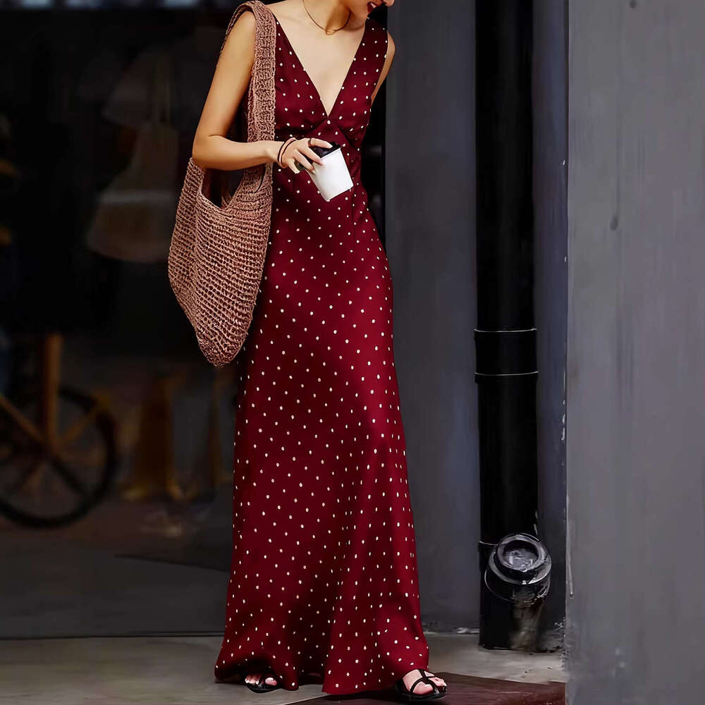 Elegant Retro Satin Polka Dot Long Dress French Style V Neck Sleeveless High Waist Slim Casual Vacation Dress Female MAKOUFEI
