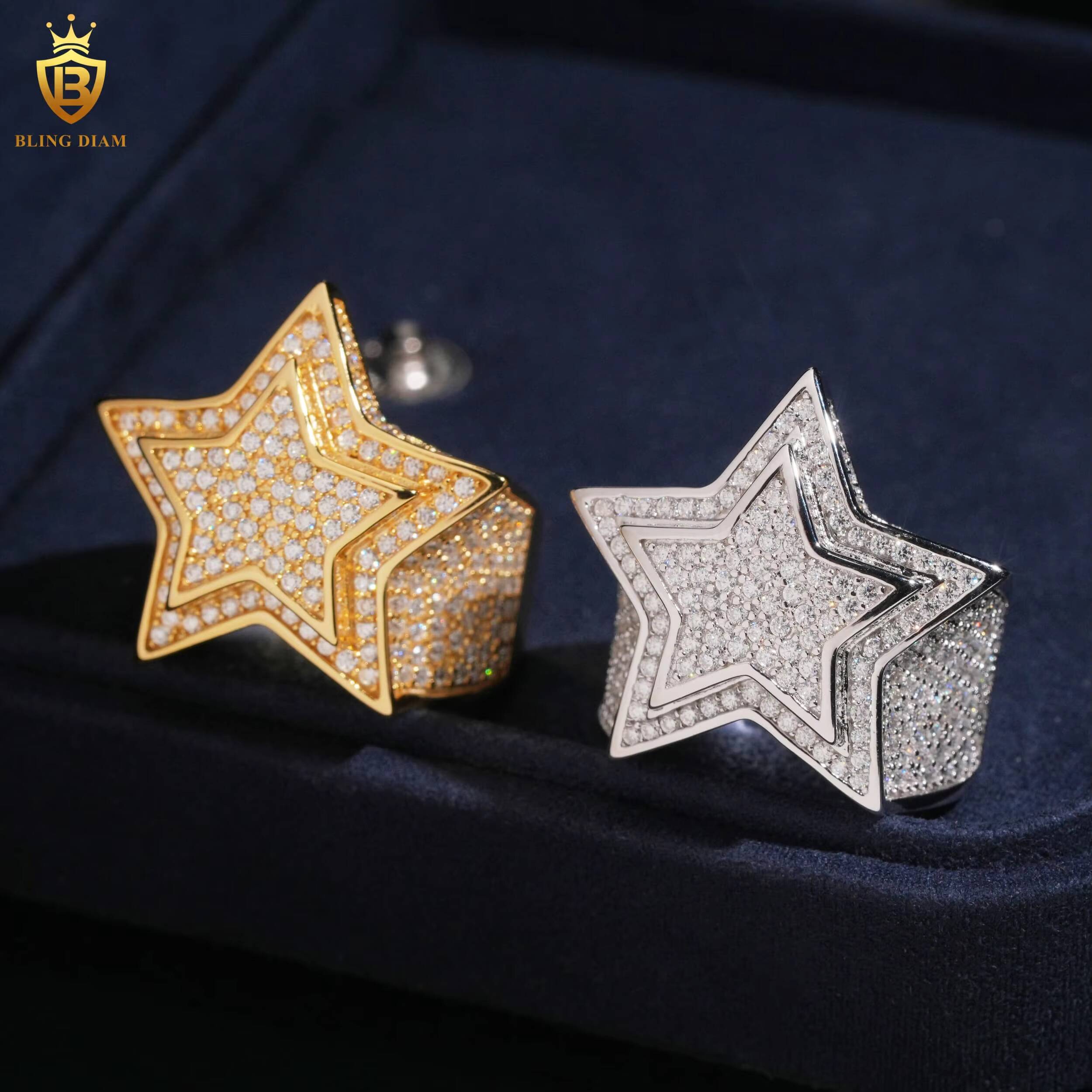 Wholesale Hip Hop Jewelry 925 Sterling Silver Gold-Plated Vvs Moissanite Ice Out Mens Star Rings Rapper Rock