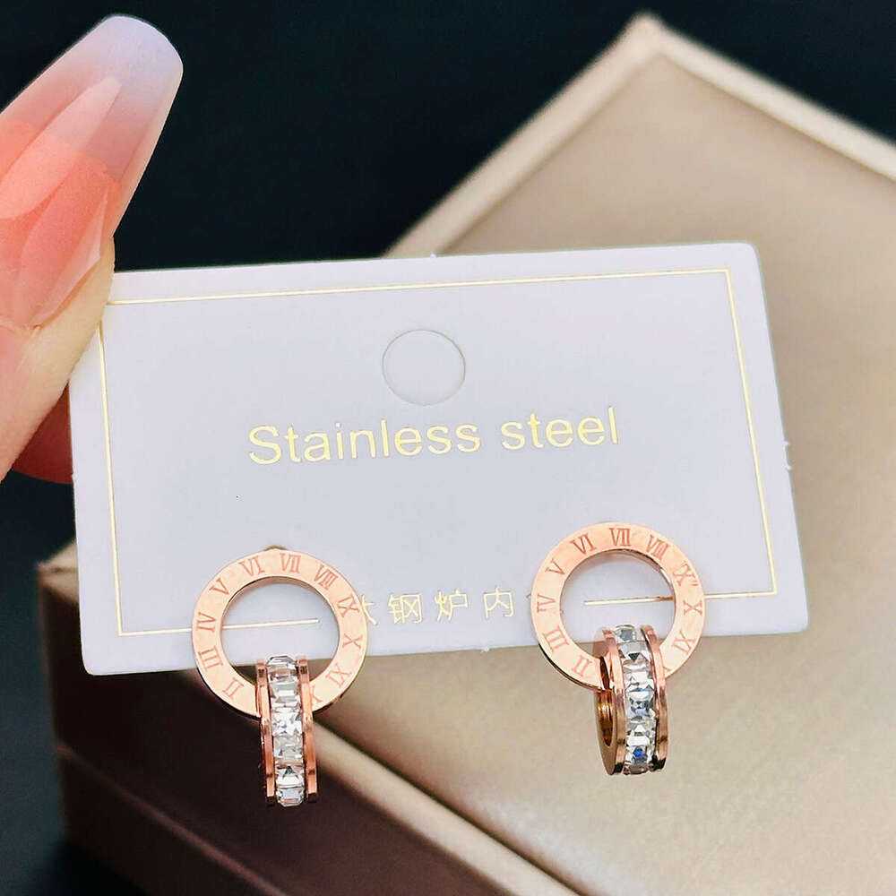 Popular Roman Double Ring Diamond-Studded Creative Earrings In Rose Gold Titanium Steel For Women, High-End Non-Fading Trendy Ear Accessories