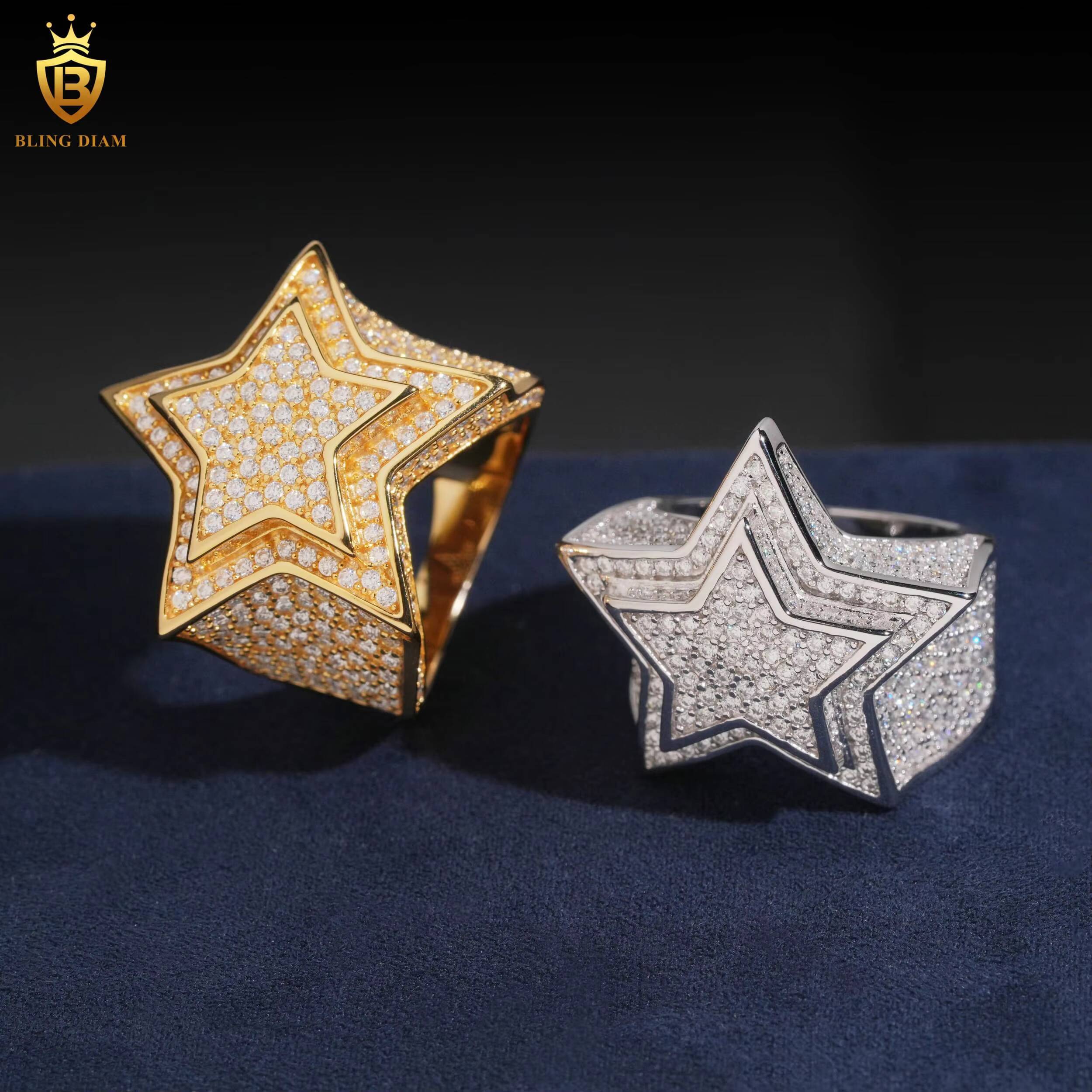 Wholesale Hip Hop Jewelry 925 Sterling Silver Gold-Plated Vvs Moissanite Ice Out Mens Star Rings Rapper Rock