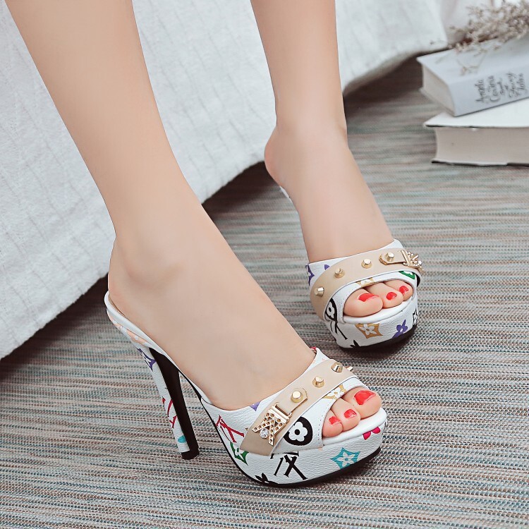 Women Colorful Floral Print Platform Mule Sandals, Peep Toe Metal Buckle Stiletto High Heel Slide Party Shoes