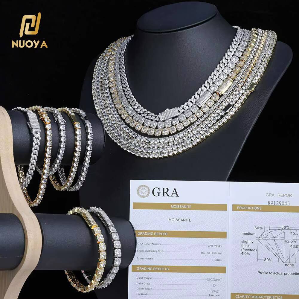 Nuoya 925 Sterling Silver Tennis Chain Luxury 7mm Custom VVS Moissanite Diamond Cluster Tennis Chain Necklace