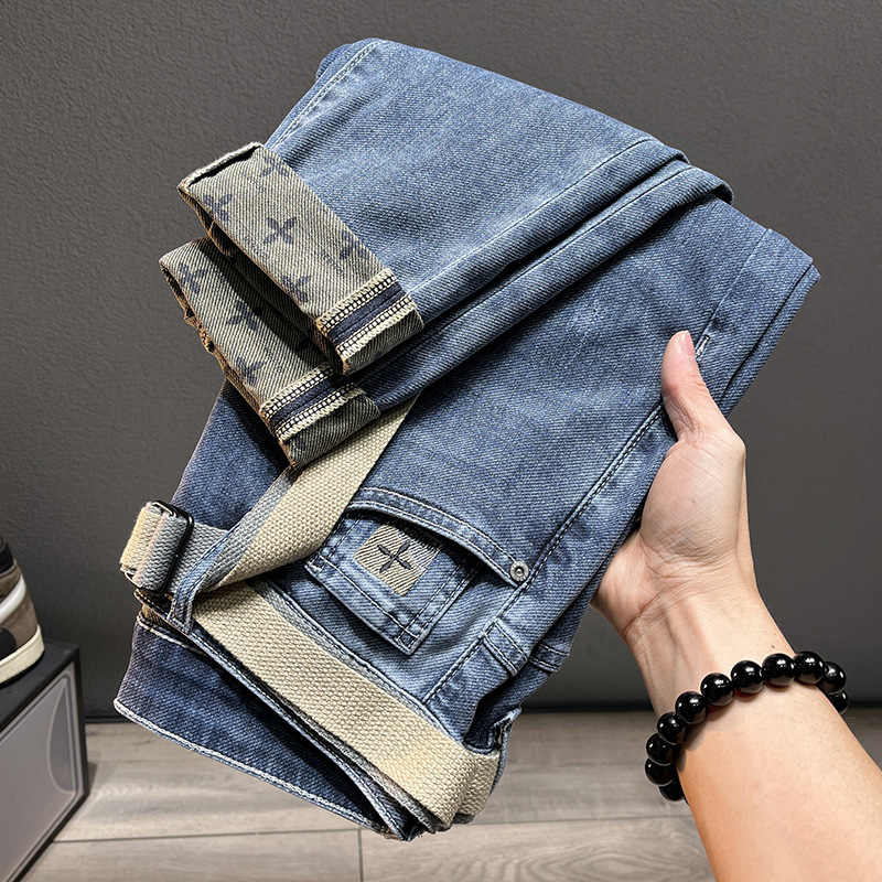 High-end Luxury New Denim Loose Jeans In Blue Thin Fabric With Embroidery Stretchy Slim-fit Skinny Pants For Men Casual And Designer Versatile Trendy 