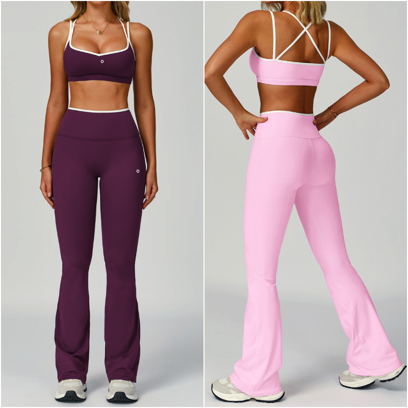 9238 Women Yoga Outfit Suits Long Pants Bell-bottoms Sleeveless Vest Exercise Close-fitting Trousers Tops Sport Gym Running Casual Elastic High Waist Sportwear