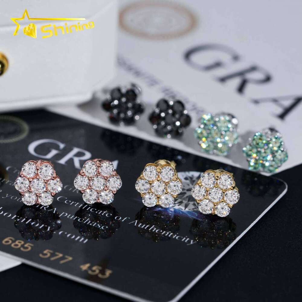 Ready to ship, stock is low. Shipping of men's ice-cold hip-hop pure silver 925 screw-back silicon stone flower cluster earrings