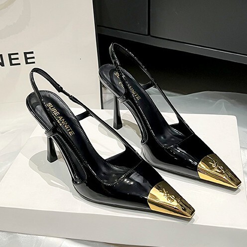 Autumn New Metal Backless Sandals For Women Black Sexy Single Shoes Thin Heel Shallow Mouth Closed Toe High Heels