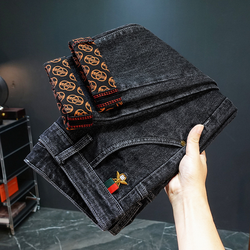 European Designer Spring Summer New Luxury Business Embroidered Pattern Jeans Men Three-dimensional Full Bottom Printed Slim Fit Elastic Straight Leg 