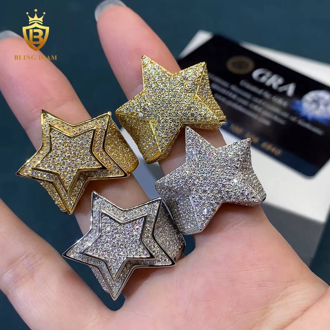 Iced Out Hip Hop Rings Star Shape Round Brilliant Cut VVS Moissanite Ring 925 Silver Rings GRA Certified Moissanite Ring Men