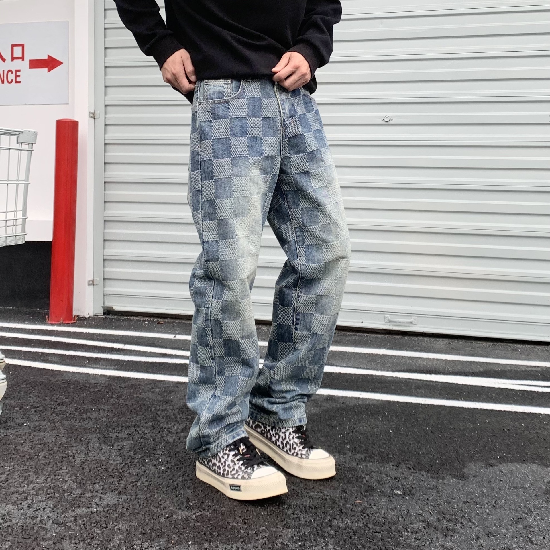 New American-style Trendy Brand Loose Luxury Straight-leg Plaid Patchwork Jeans For Loose Men High Street Retro Casual Pants Designer For Men