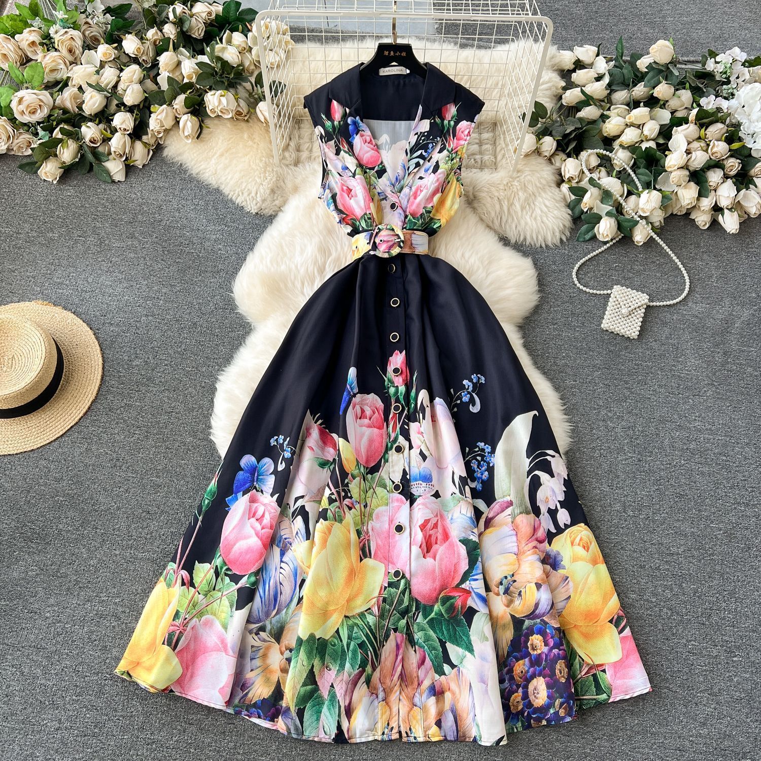 Summer Holiday Gorgeous Floral Dress Womens Sleeveless Ruffles V Neck Flower Print Buttons Chiffon Bohemain Robe Vestidos240730