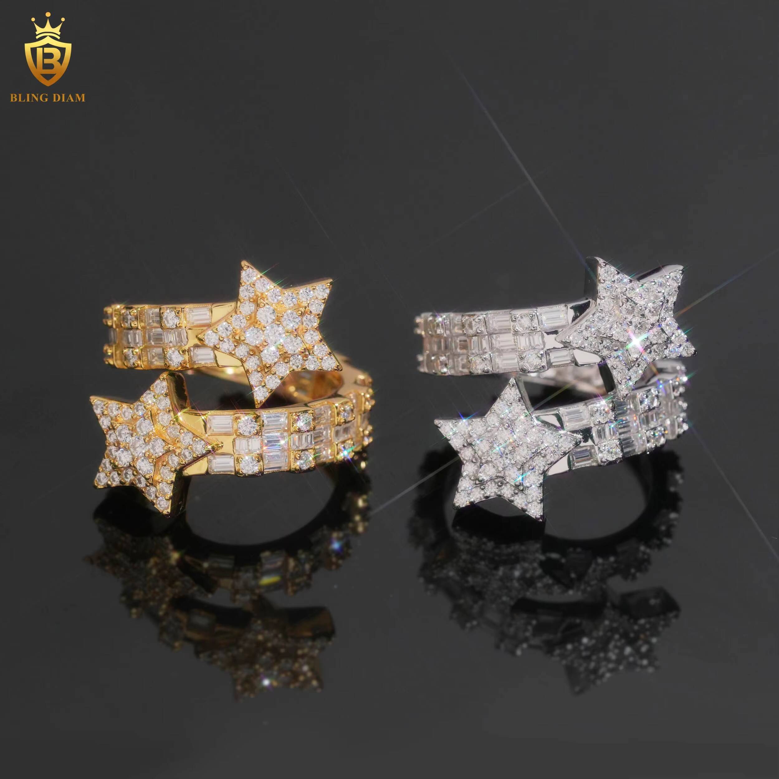 Luxury Hiphop 925 Sterling Silver Star Rings Engagement Moissanite Ring D VVS Fine Moissanite Jewelry Men Past Diamond Tester