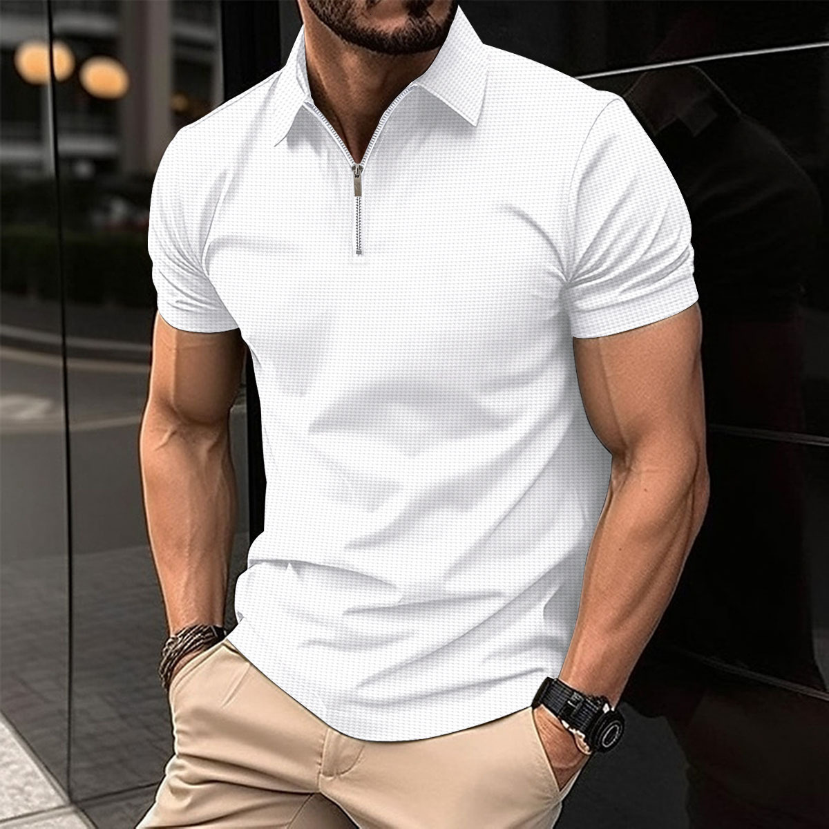 2024 Summer Mens -Selling Henry Shirt Solid Color Zipper Standing Collar Short-Sleeved Slim Casual Sports Mens Shirt 240806