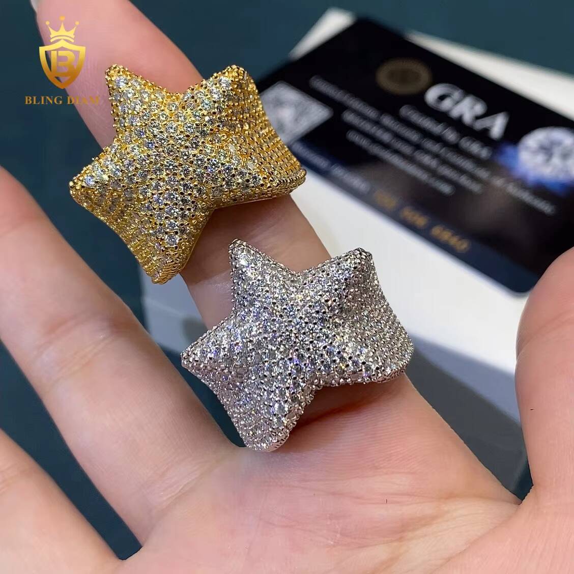 Iced Out Hip Hop Rings Star Shape Round Brilliant Cut VVS Moissanite Ring 925 Silver Rings GRA Certified Moissanite Ring Men