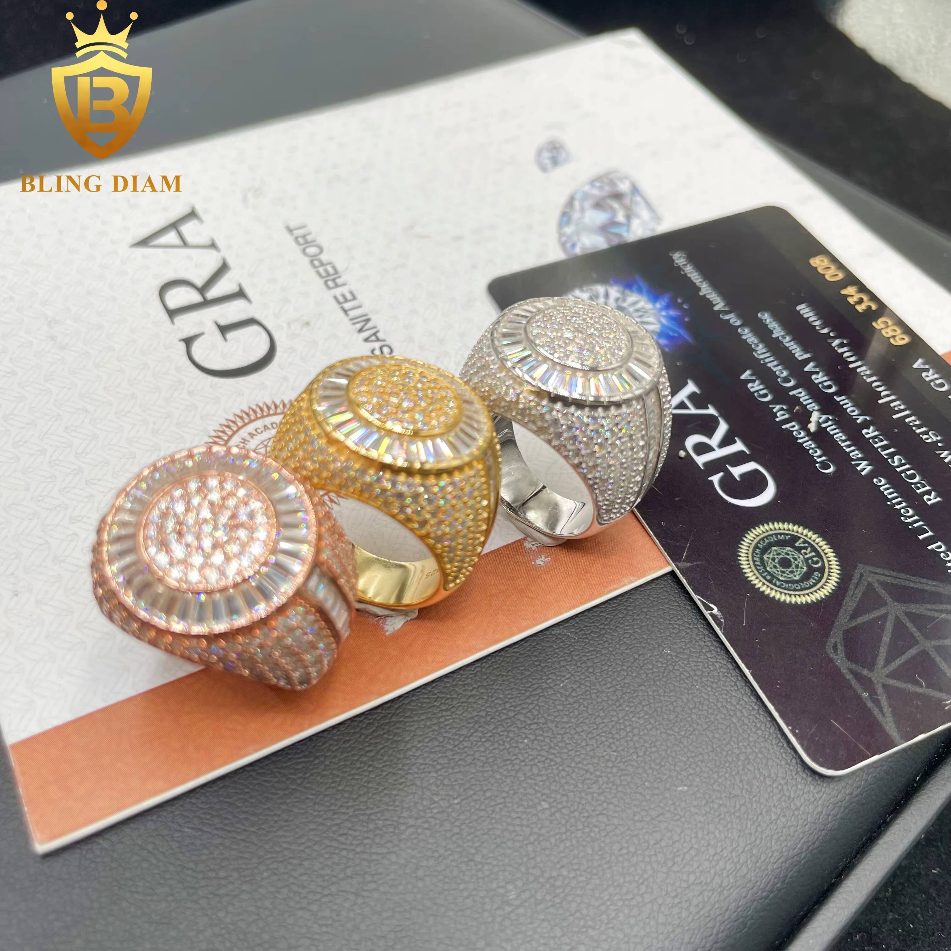 GRA Certificated Luxury Fine Jewelry Design Rapper Hip Hop 925 Silver Rings Iced Out VVS Moissanite Diamond Ring