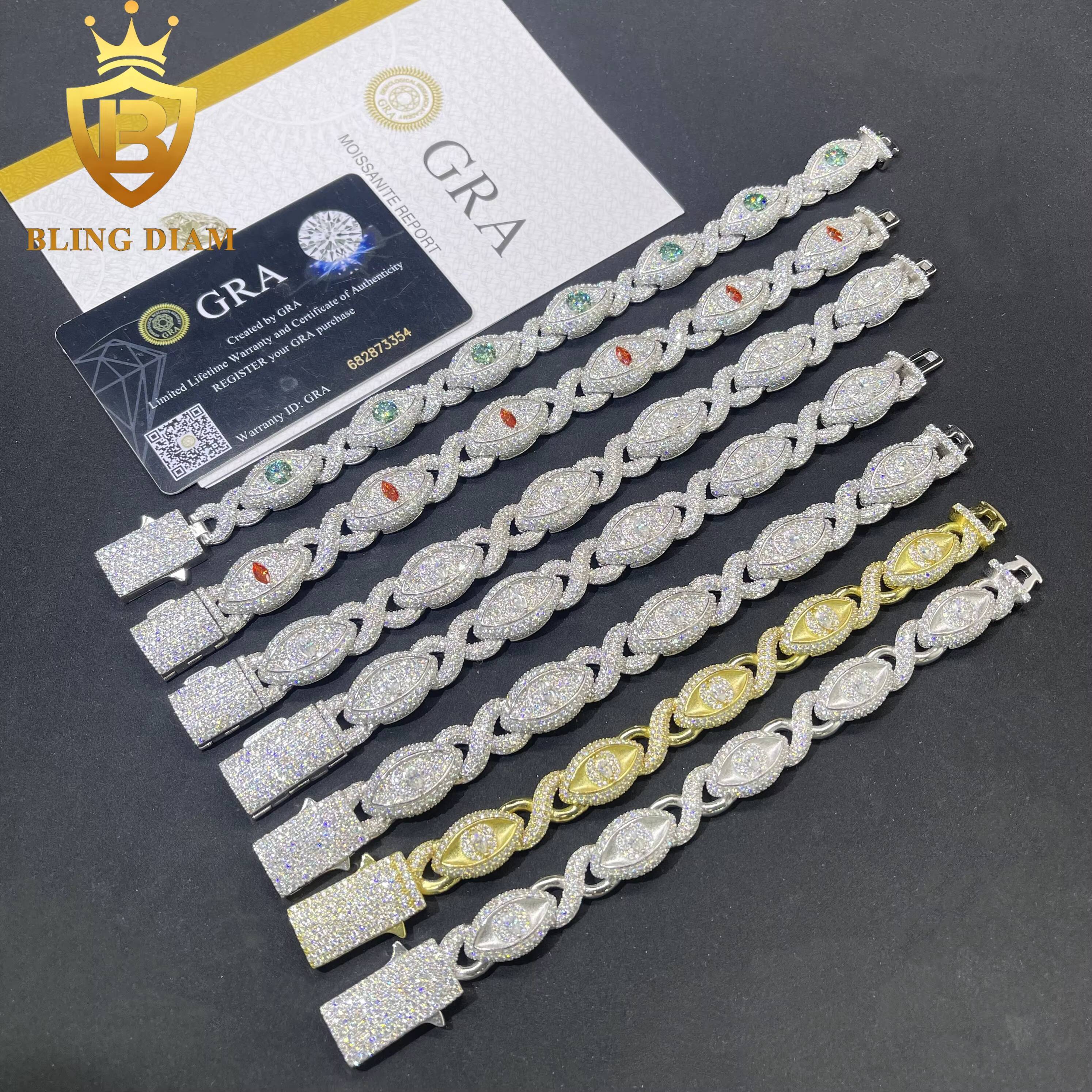 Wholesale Hip Hop Jewelry S925 Sterling Silver Vvs Moissanite Eye Infinity Cuban Link Charms Gold Plated Bracelets Mens