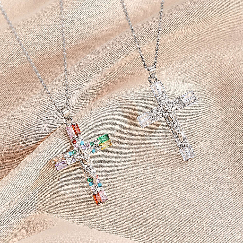 Trade New Virgin Mary Cross Micro Inlaid Zircon Copper Gold-Plated Necklace Women's Collarbone Chain Pendant