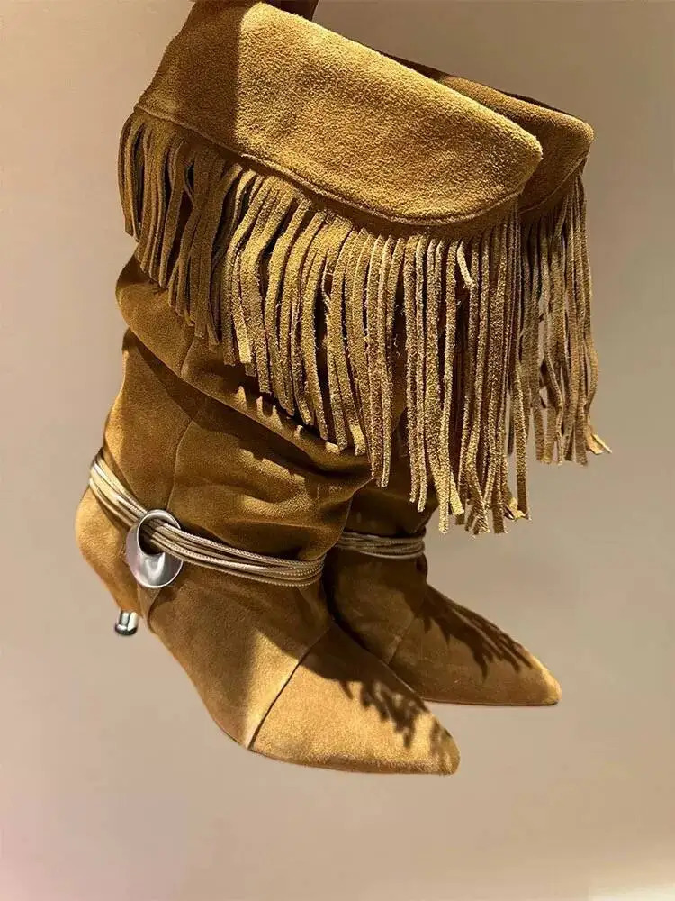 European and American Womens Pointed Pleated 5cm Thin Heel Fringed Calf Boots Knight Boots Plus Size Mid Length Boots 260420