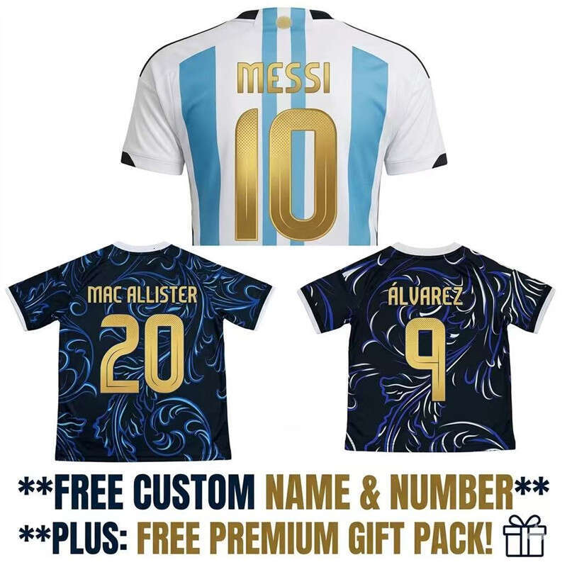 2026 Argentina World Cup Soccer Jersey MESSI ALVAREZ Free Custom Name Number Men Kids Kit Maillot de Foot 26 27 Argentina Football Shirt Home Blue Away Black Set