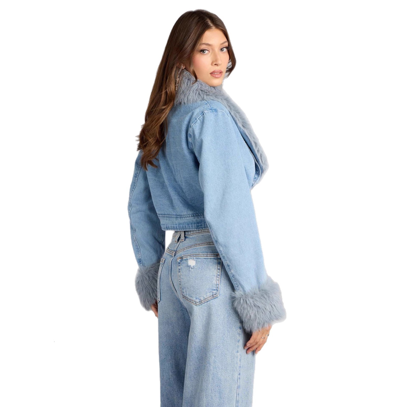 Womens short furcoat jacket winter style thickened faux fur with collar denim 241129