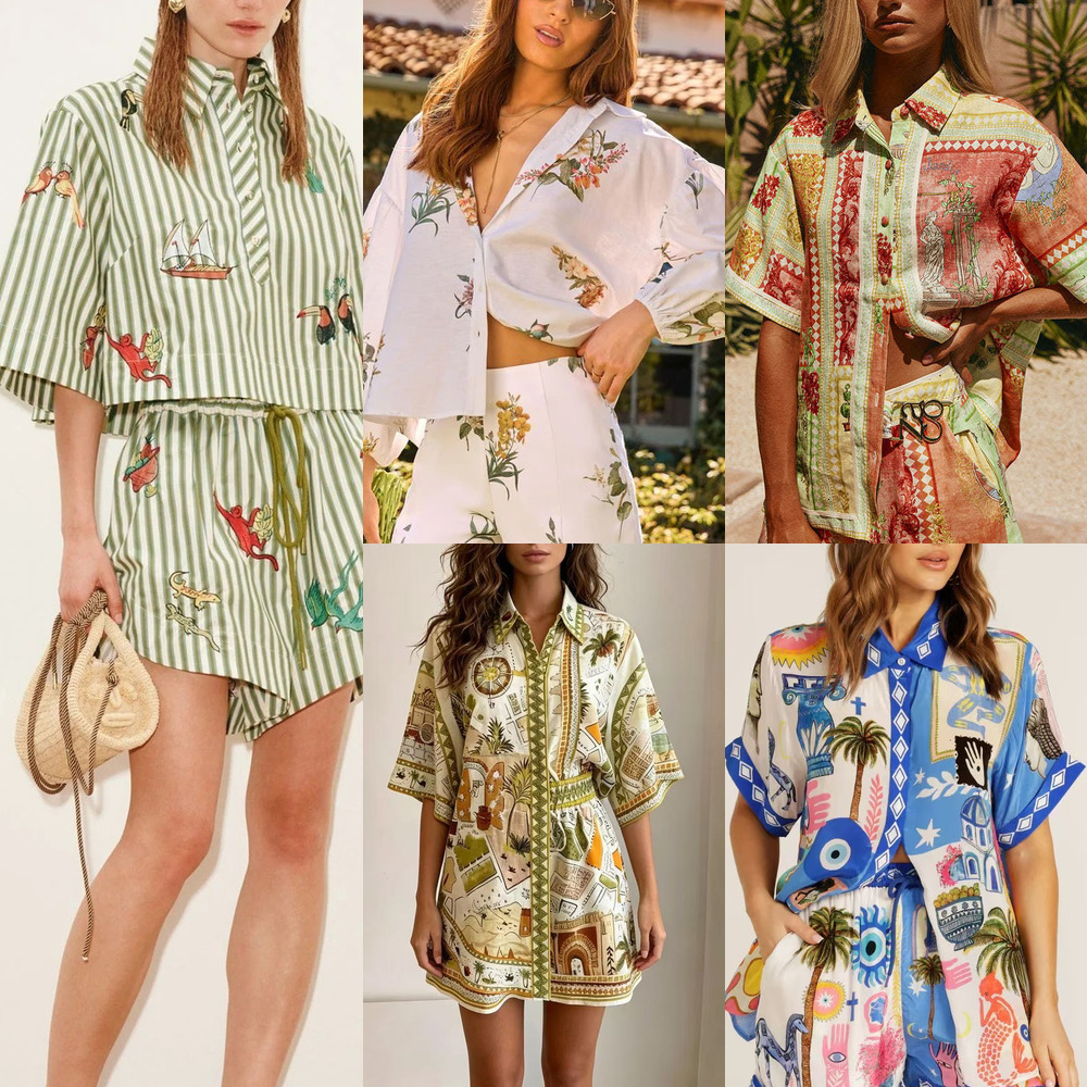 Summer Linen Printed Shirt Two Piece Shorts Set Women Designer Tracksuit Beach Vacation Outfit Fashion Casual Womens Clothes