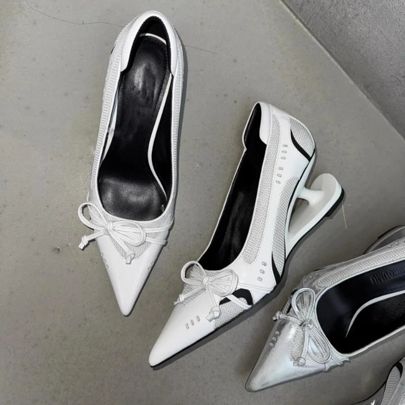 Special Heel Spliced Heels Pointed Toe Heels Womens Fashion Shallow Mouth Bow Non-Slip Mary Jane Single Shoes Large 42 260420