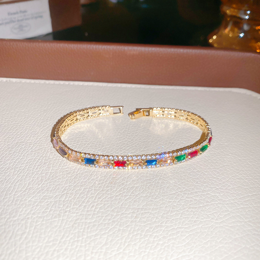 New model inlaid with three rows of colorful zircon tennis hip-hop bracelet, fashionable, simple, light luxury, unisex bracelet - view 5