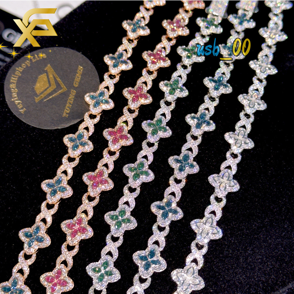 Hot Stunning Bracelets Colored Moissanite Clover Charms 13mm Four Leaf Cuban Links Bracelet 925 Silver Cuban Chains Men Women