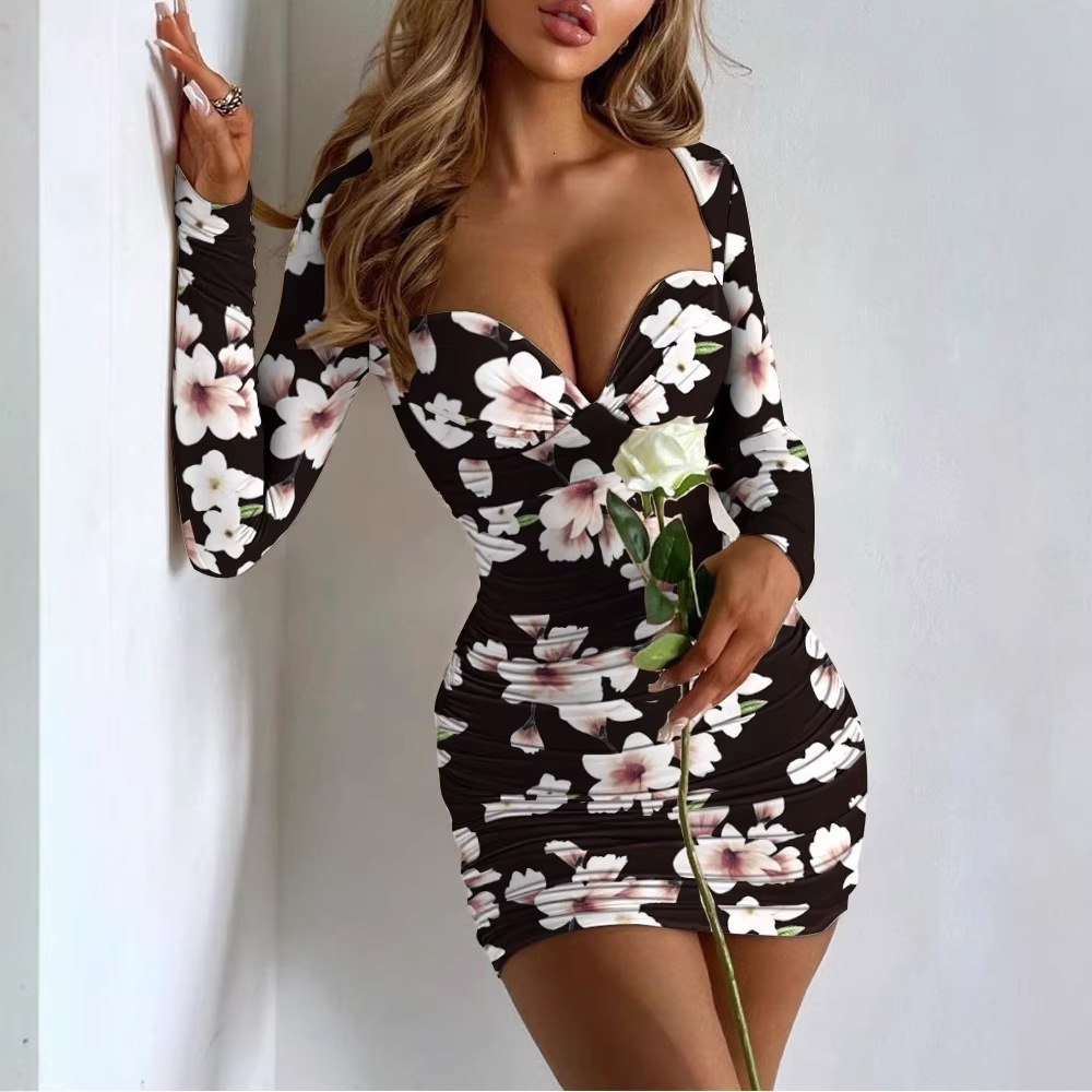 Women Dress Fashion Print Vintage es Puff Sleeve Printing Sexy es Slim Thin High Waist Mini Autumn 210513