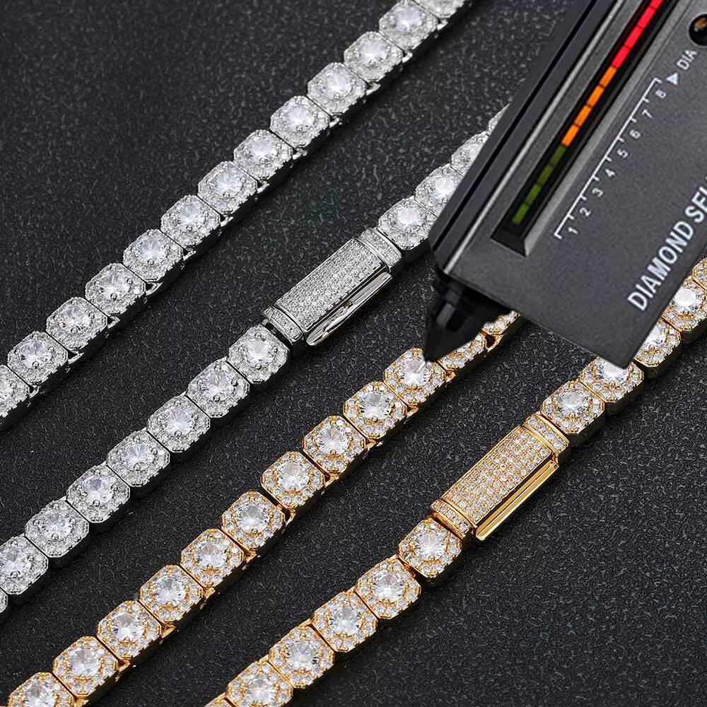 Nuoya Luxury VVS Moissanite Tennis Chain Custom 7mm 925 Sterling Silver Cluster Diamond Necklace Jewelry for Women