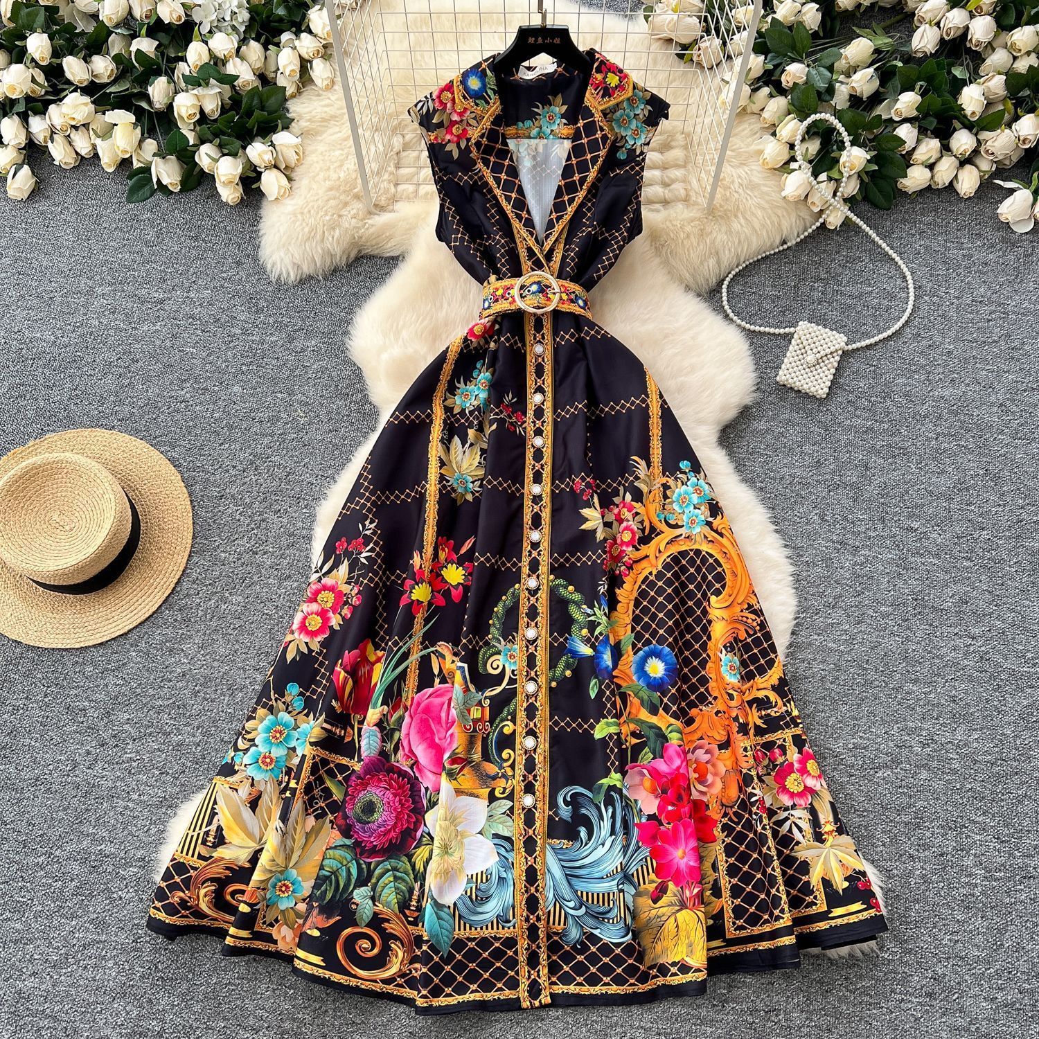 Summer Holiday Gorgeous Floral Dress Womens Sleeveless Ruffles V Neck Flower Print Buttons Chiffon Bohemain Robe Vestidos240730