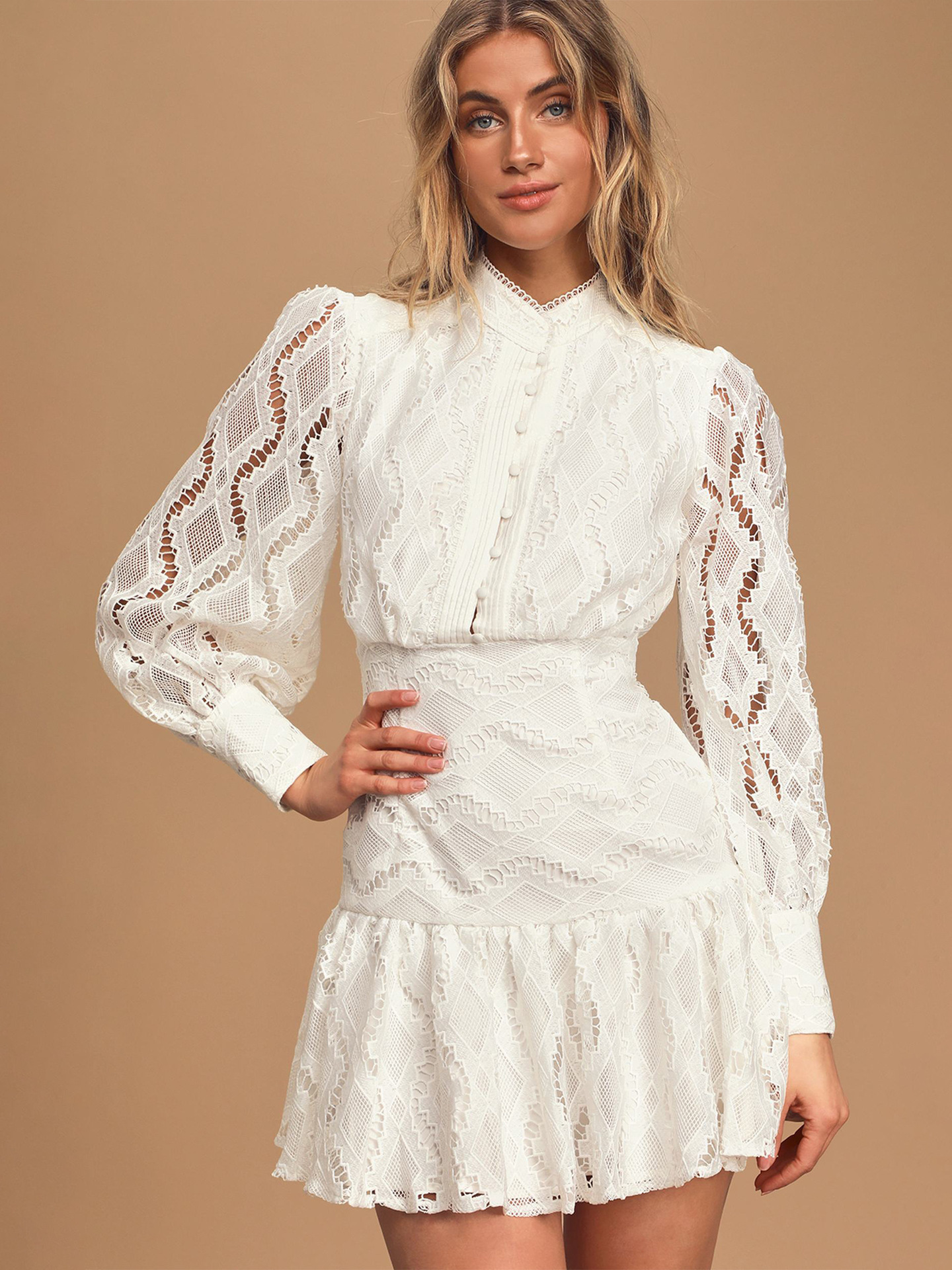 2026 Forest-style gentle white lace short dress with half-high collar lace lantern sleeves and sheer design 210730