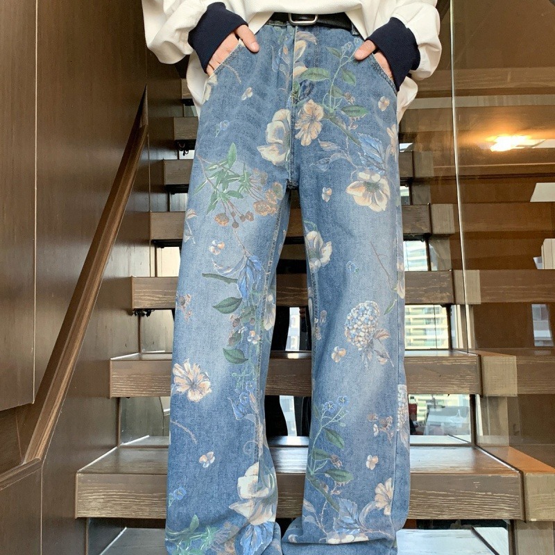 Spring And Summer Chinese Style New American Printed Jeans, Loose Men's Luxury Designer Fashion Versatile Brand, Loose Fit Casual Wide Leg Pants