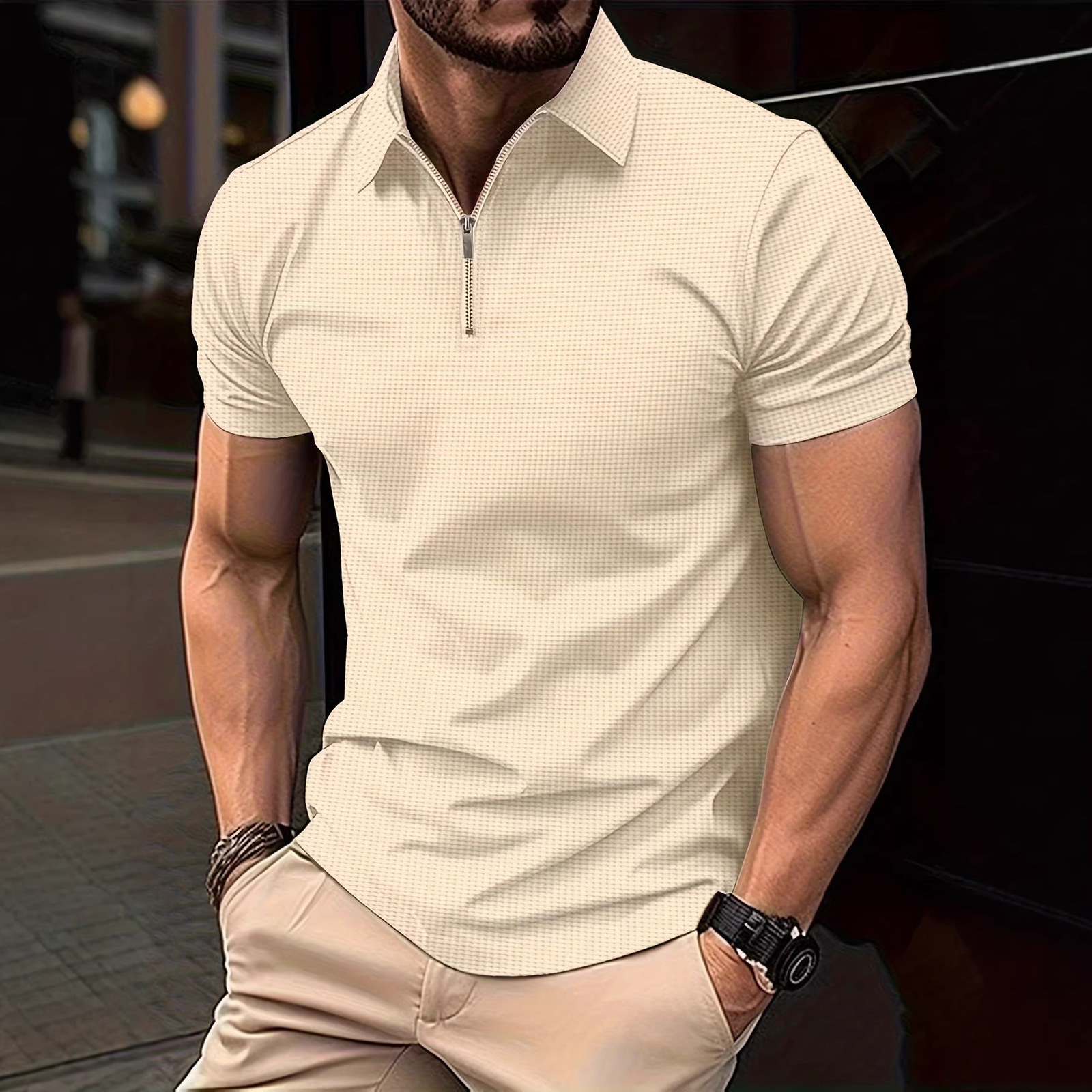 2024 Summer Mens -Selling Henry Shirt Solid Color Zipper Standing Collar Short-Sleeved Slim Casual Sports Mens Shirt 240806