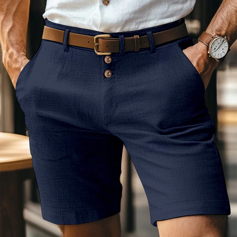 Summer Casual Shorts Men Vintage Buttoned Linen Breathable Knee Length Trousers Slim Fit Straight Male Fashion Solid Short Pants 260421