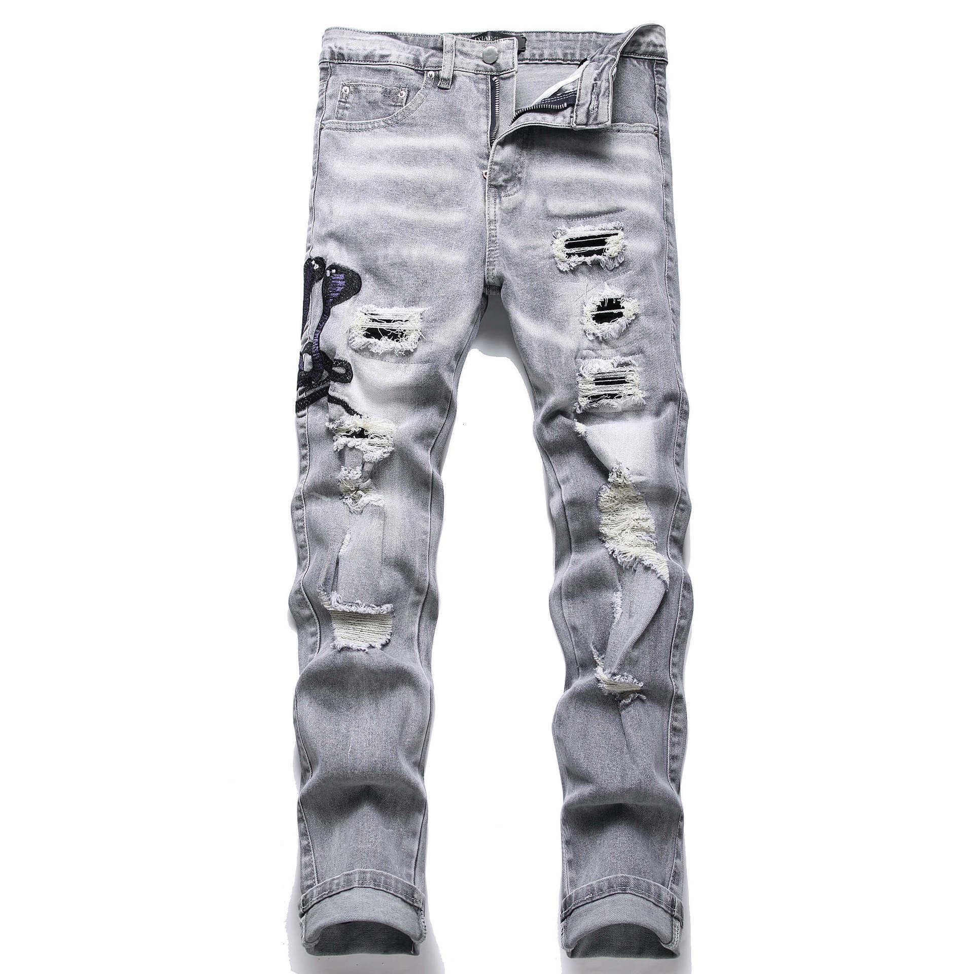 European Style Loose Men's Light Blue Distressed Designer Embroidered Jeans Luxury Men's Trendy Stretch Slim Fit American High Street Long P