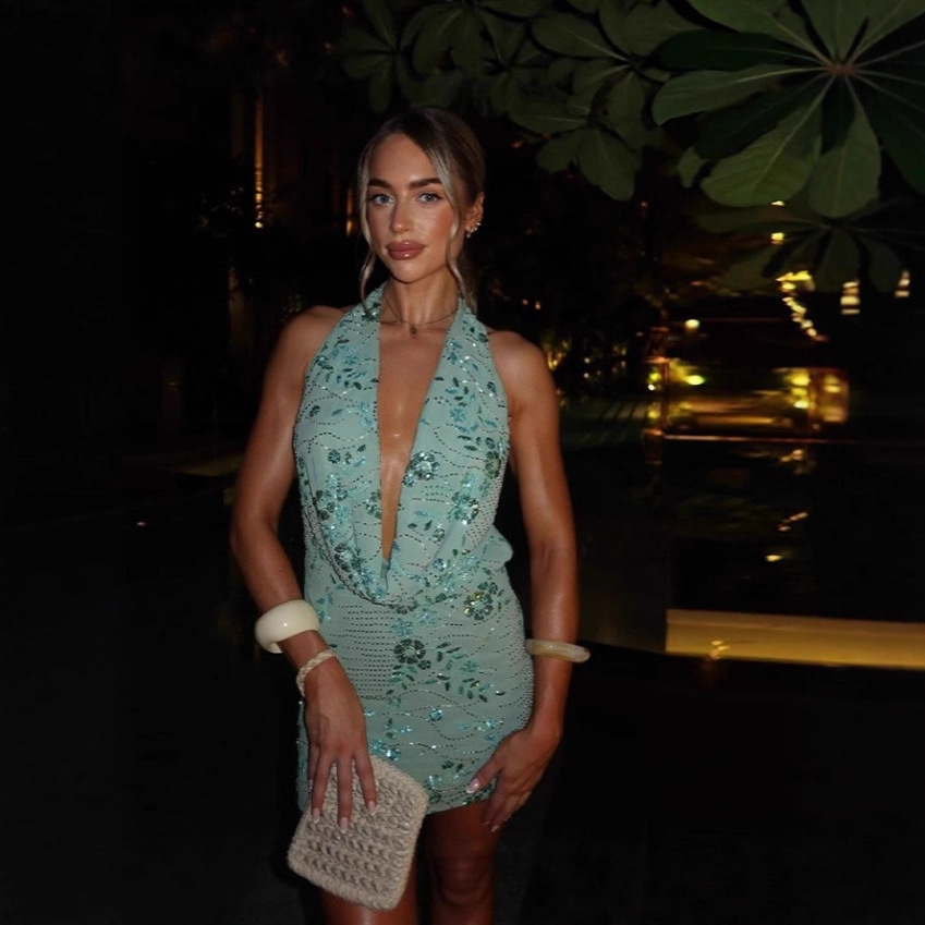 Sexy Beaded Tassel Sequined Short Dress Women Halter Backless Sleeveless Lace Up Beach Dresses Summer Lady Holiday Robes 250604