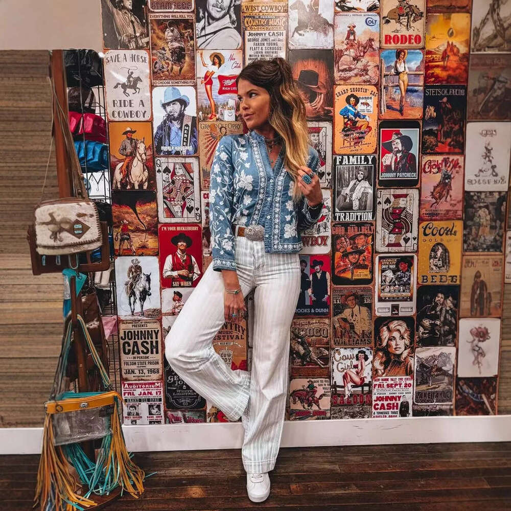 New 2026 Spring Summer Women Embroidered Denim Blouse V Neck Button Closure Long Sleeve Casual Streetwear Top MAKOUFEI