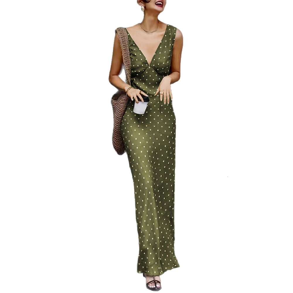 Elegant Retro Satin Polka Dot Long Dress French Style V Neck Sleeveless High Waist Slim Casual Vacation Dress Female MAKOUFEI