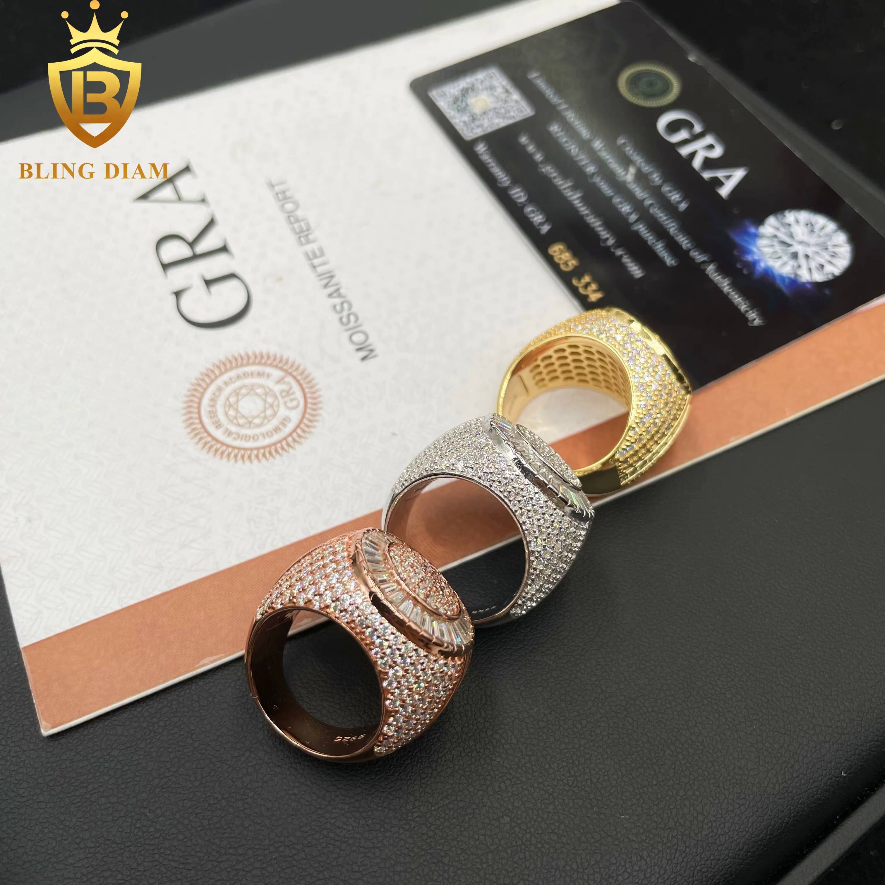 GRA Certificated Luxury Fine Jewelry Design Rapper Hip Hop 925 Silver Rings Iced Out VVS Moissanite Diamond Ring