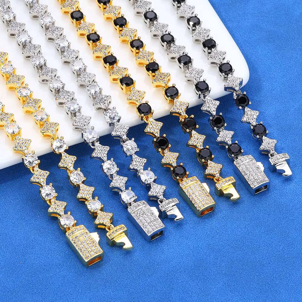 NUOYA Womens Fine Jewelry 6mm Star Shape Tennis Chain 925 Silver Shiny Round Cut VVS Moissanite Stones Hip Hop Style
