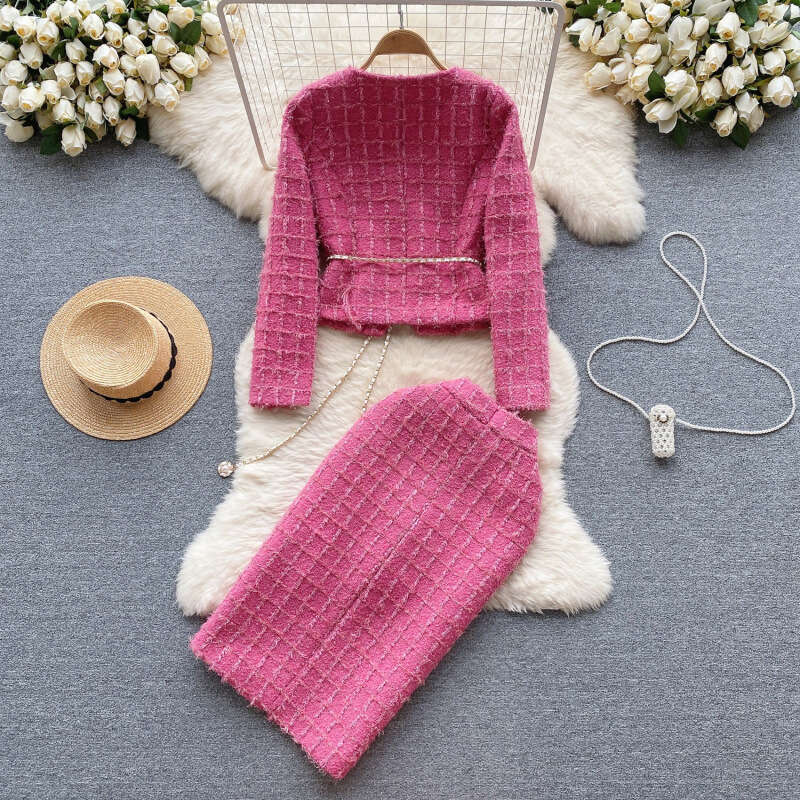 Designer Clothes Fashionable High End Light Luxury Set Women's Winter Woolen Casual Cardigan Jacket Exquisite Slit Mid Length Skirt Check Tweed T - view 5